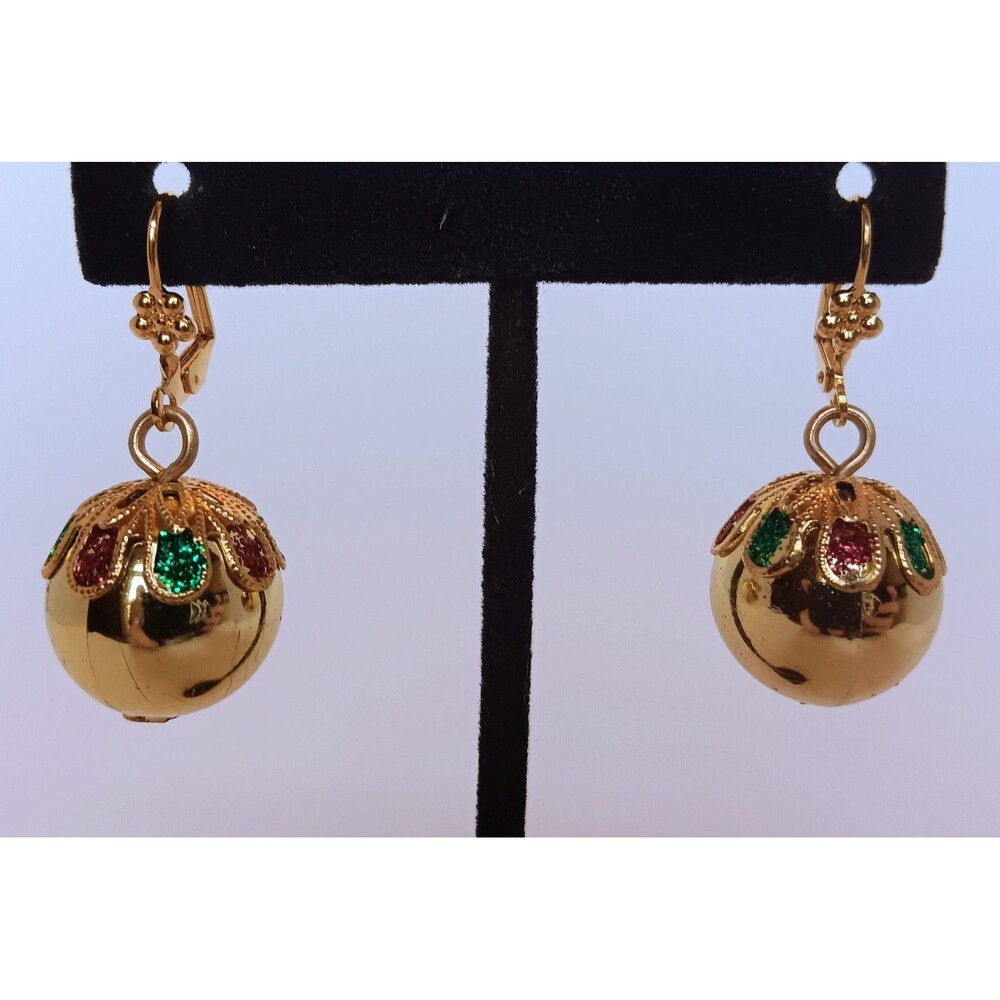 Vintage Christmas Dangle Earrings Ornament Holiday Glass Gold Tone Shiny 1.5 in